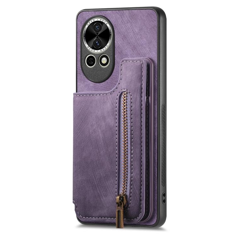 Funda de Cuero Retro con Cremallera para Huawei Nova 9 (Morado)