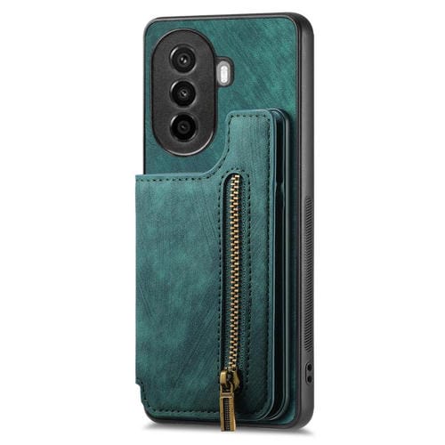 Funda de Cuero Retro con Cremallera para Huawei Nova Y70 Y70+ (Verde)