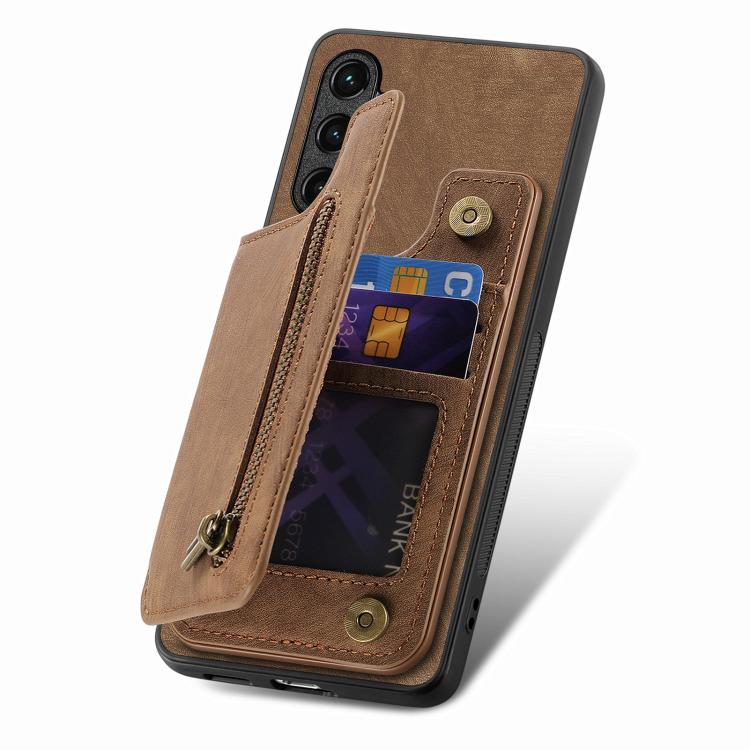 Funda de Cuero Retro con Cremallera para Huawei Nova Y70 y Y70+ (Marrón)