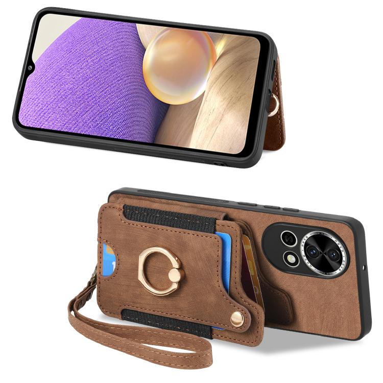 Funda para Teléfono Huawei Enjoy 60 con Billetera MultiTarjeta, Diseño Retro, Anillo y Tacto de Piel (Marrón)