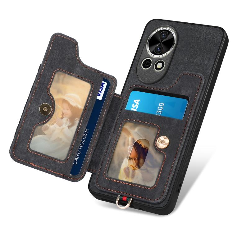Funda para teléfono Huawei Nova 10 con billetera multitargeta, diseño retro, piel y anillo (Negra)