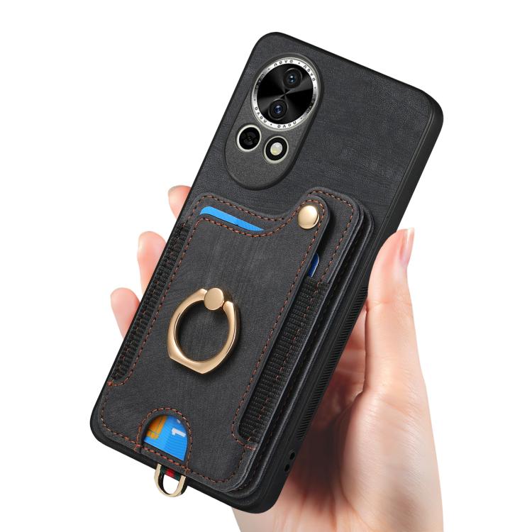 Funda para teléfono Huawei Nova 10 con billetera multitargeta, diseño retro, piel y anillo (Negra)