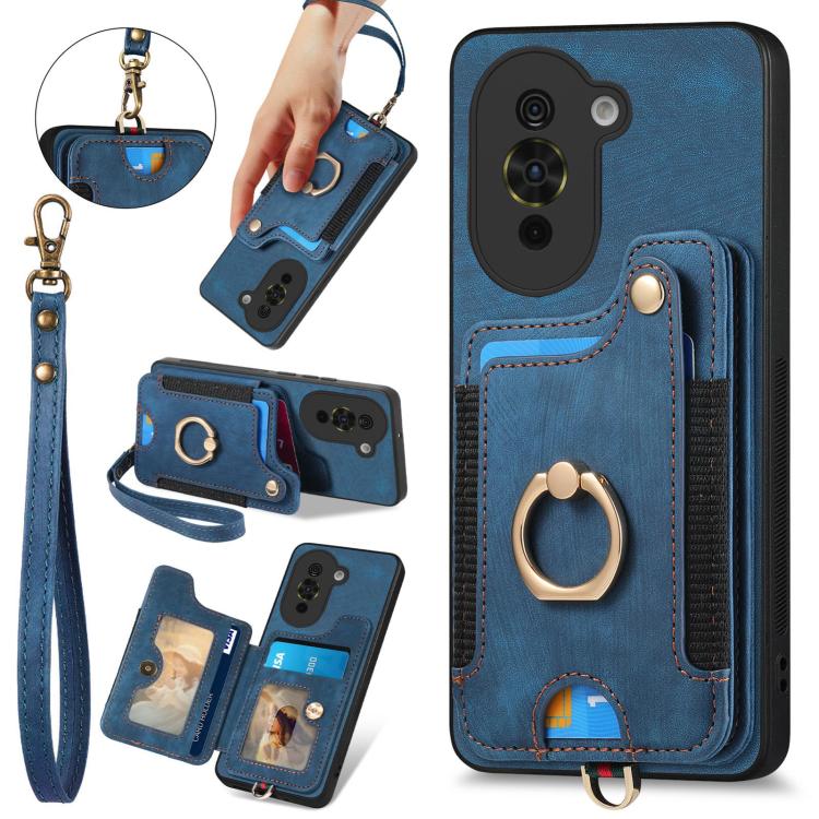 Funda para Teléfono Huawei Nova 10 con Billetera MultiTarjeta, Diseño Retro, Sensación de Piel y Anillo (Azul)