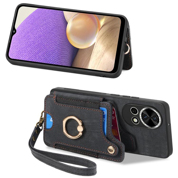 Funda para Huawei Nova 9 con Billetera MultiTarjeta, Diseño Retro, Sensación de Piel y Anillo (Negra)