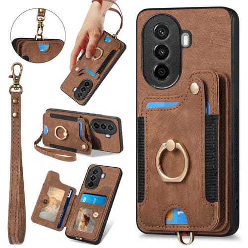 Funda para Teléfono Huawei Nova Y70 Y70+ con Billetera MultiTarjeta, Diseño Retro y Anillo (Marrón)