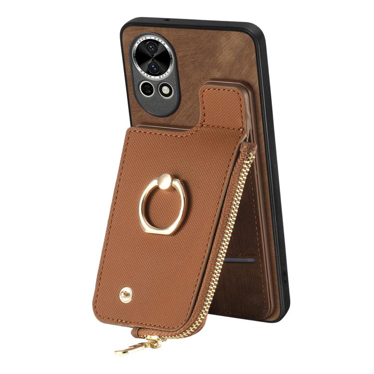 Funda para Teléfono Huawei Nova 13 con Cremallera Vertical y Anillo de Cuero Cruzado (Marrón)