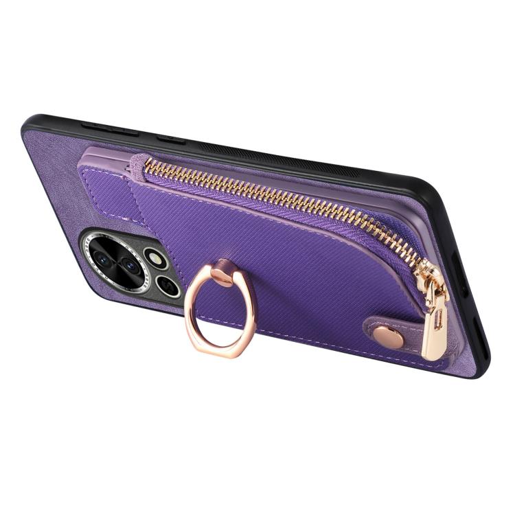 Funda para Teléfono Huawei Enjoy 70 con Cremallera Vertical y Anillo de Cuero Cruzado (Morado)