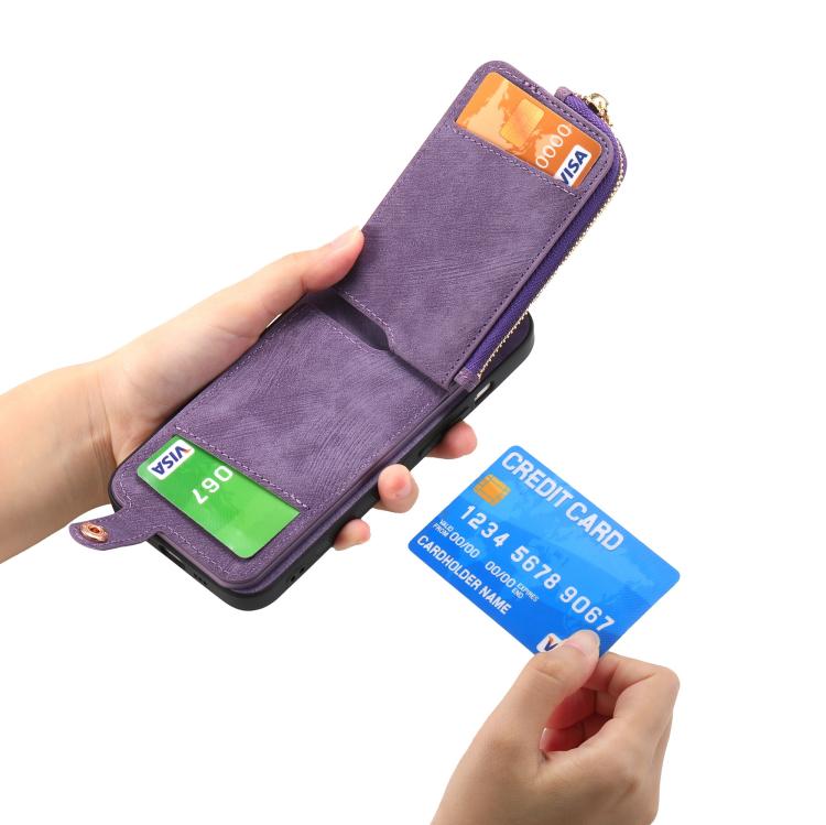 Funda para Teléfono Huawei Enjoy 70 con Cremallera Vertical y Anillo de Cuero Cruzado (Morado)