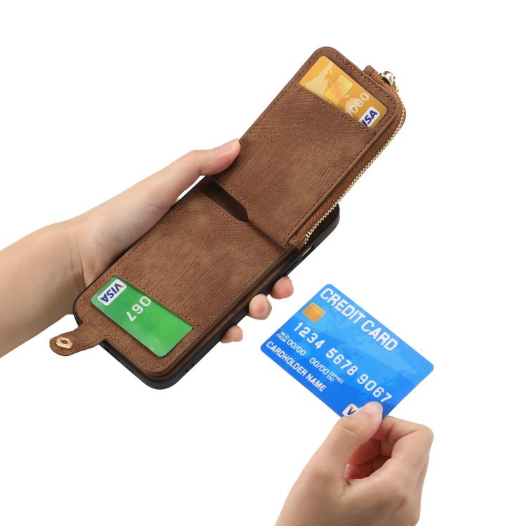 Funda para Teléfono Huawei Enjoy 60 con Cremallera Vertical y Anillo de Cuero Cruzado (Marrón)