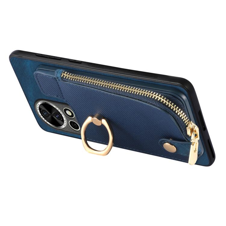 Funda para Teléfono Huawei P60 con Cremallera Vertical y Anillo de Cuero Cruzado (Azul)