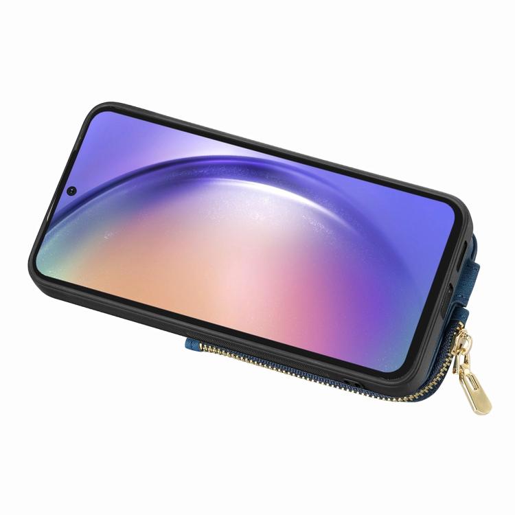Funda para Teléfono Huawei P60 con Cremallera Vertical y Anillo de Cuero Cruzado (Azul)