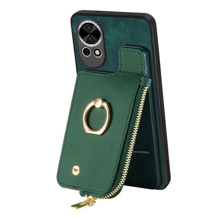 Funda para Teléfono Huawei P60 Pro con Cremallera Vertical y Anillo de Cuero Cruzado (Verde)