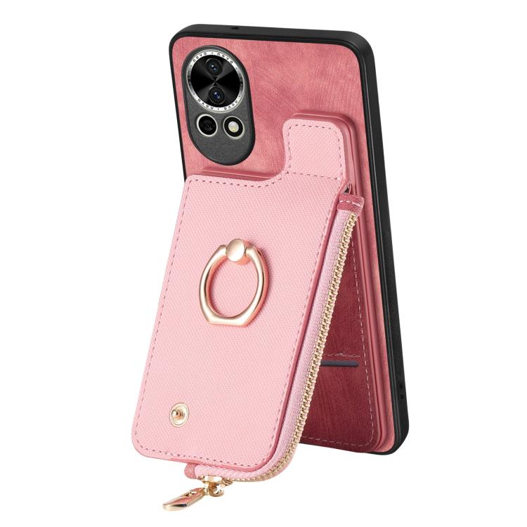 Funda para Teléfono Huawei P60 Pro con Cremallera Vertical y Anillo de Cuero Cruzado (Rosa)