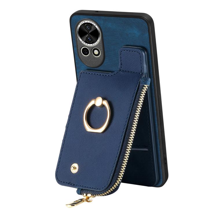 Funda para Teléfono Huawei P60 Pro con Cremallera Vertical y Anillo de Cuero Cruzado (Azul)