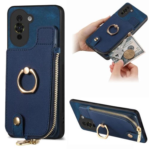 Funda para Teléfono Huawei Nova 10 Pro con Cremallera Vertical y Anillo de Cuero (Azul)
