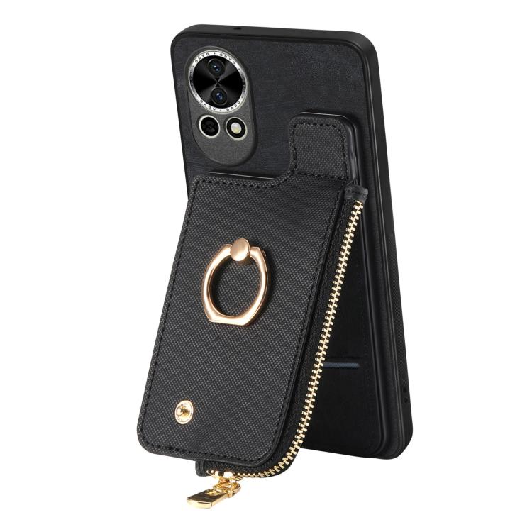 Funda para Teléfono Huawei Nova 10 con Cremallera Vertical y Anillo de Cuero (Negro)