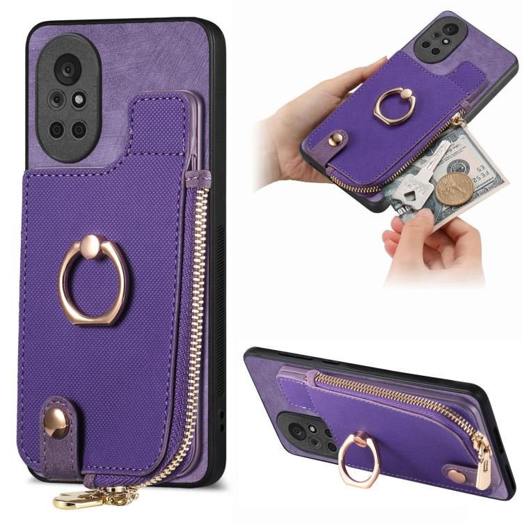 Funda para Teléfono Huawei Nova 8 con Cremallera Vertical y Anillo de Cuero Cruzado (Morado)