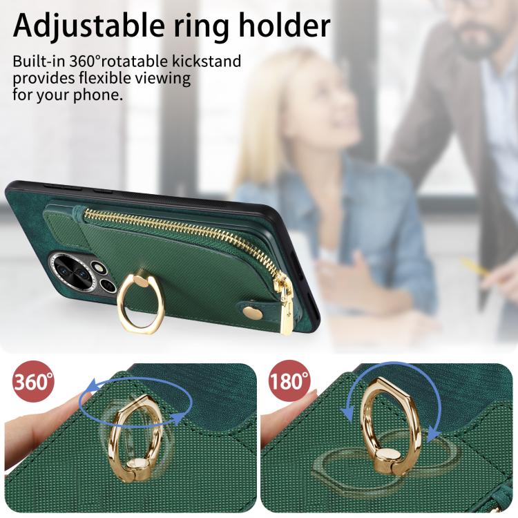 Funda para Teléfono Huawei P60 Pro con Cremallera Vertical y Anillo de Cuero Cruzado (Verde)