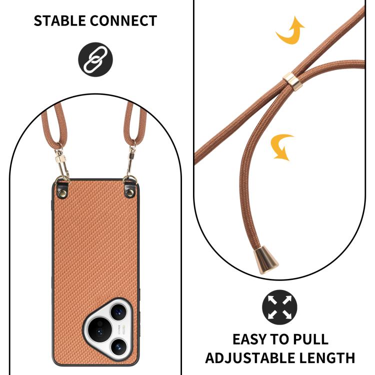 Funda de Cuero con Textura de Fibra de Carbono para Huawei Pura 70 con Correa Cruzada (Marrón)
