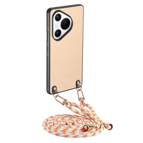Funda de Cuero con Textura de Fibra de Carbono para Huawei Pura 70 con Correa Cruzada (Caqui)
