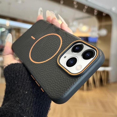 Funda TPU con Diseño Grano de Lichi y Anillo Naranja Magsafe para iPhone 11 Pro Max (Negra)