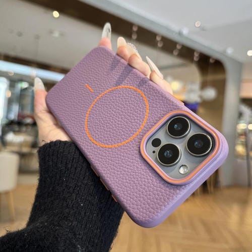 Funda TPU iPhone 13 Pro Diseño Grano de Lichi Anillo Naranja Magsafe (Morado)