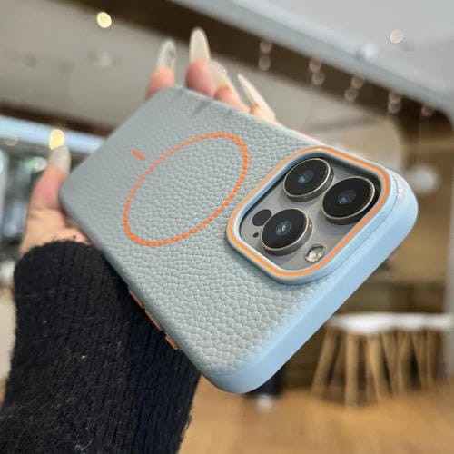 Funda TPU iPhone 13 Pro Max con Diseño Grano de Lichi y Anillo Magsafe (Azul)