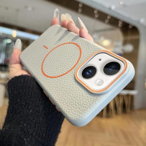 Funda TPU iPhone 14 Diseño Grano de Lichi Anillo Naranja Magsafe (Gris)