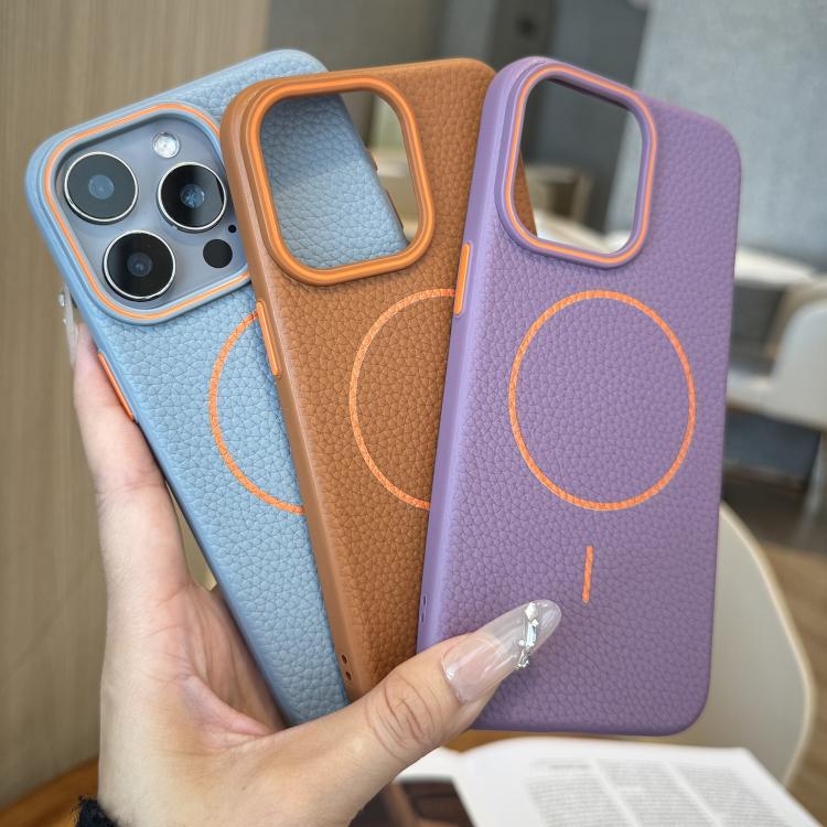 Funda TPU iPhone 14 Diseño Grano de Lichi Anillo Naranja Magsafe (Gris)