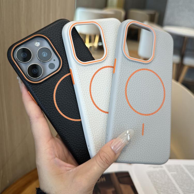 Funda TPU con Diseño Grano de Lichi y Anillo Naranja Magsafe para iPhone 11 Pro (Gris)