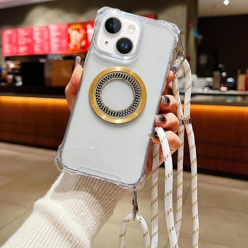 Funda para Teléfono TPU iPhone 13 Traveler Crossbody con Cuatro Esquinas y Cordón (Blanca)