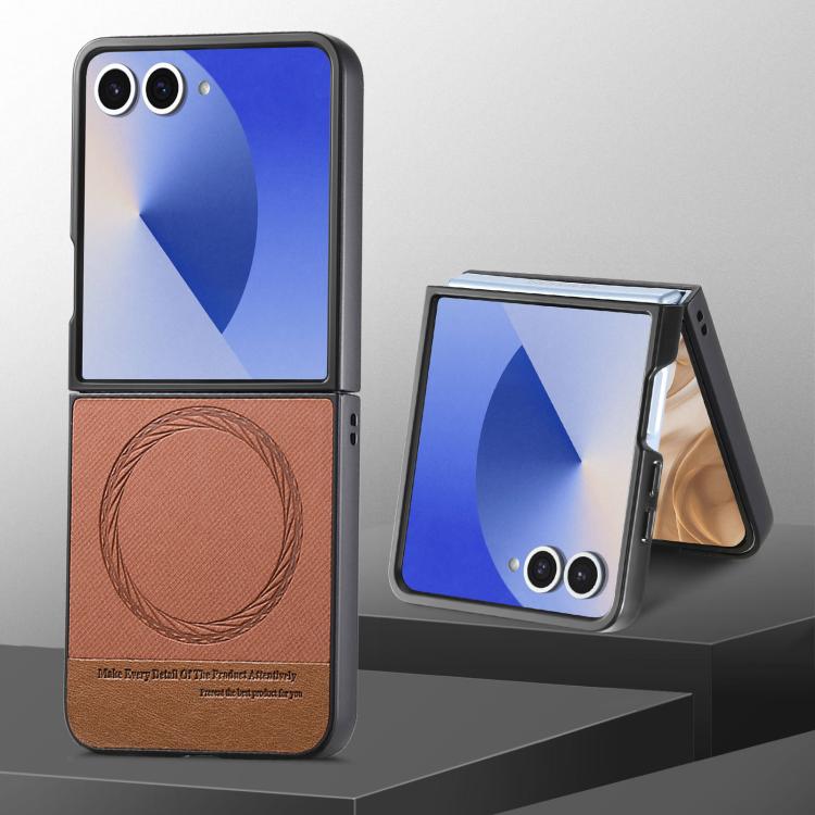 Funda magnética de piel de sarga para Samsung Galaxy Z Flip7 5G (marrón)