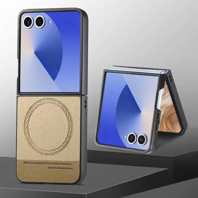 Funda magnética de piel de sarga para Samsung Galaxy Z Flip7 5G (caqui)