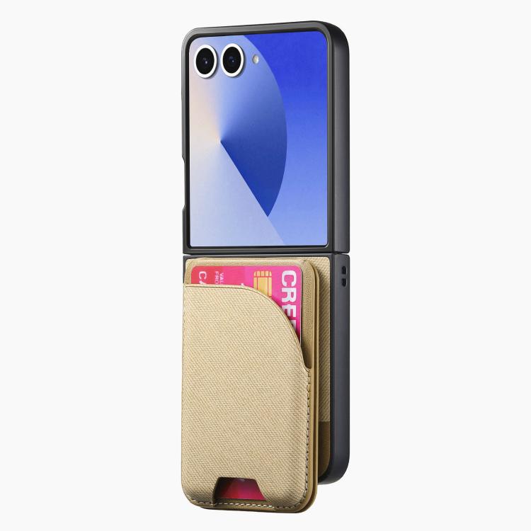 Funda magnética para Samsung Galaxy Z Flip7 5G, de piel y sarga, con tarjetero (caqui)