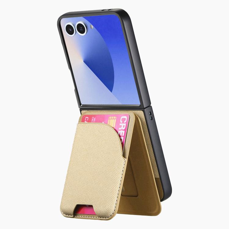 Funda magnética para Samsung Galaxy Z Flip7 5G, de piel y sarga, con tarjetero (caqui)