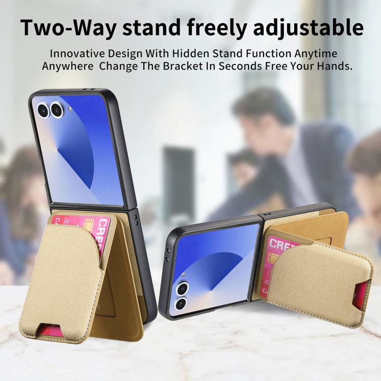Funda magnética para Samsung Galaxy Z Flip7 5G, de piel y sarga, con tarjetero (caqui)