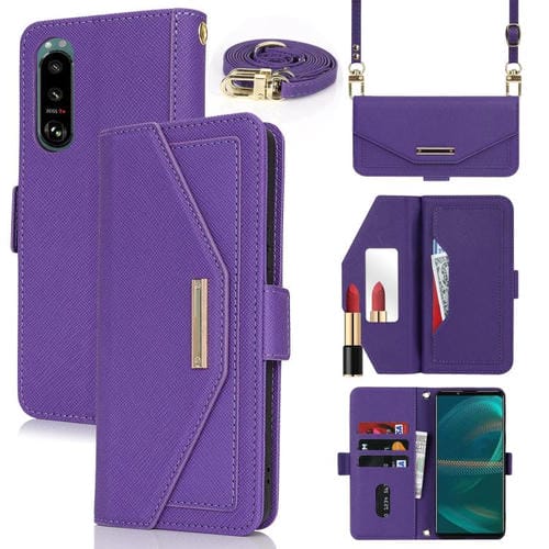 Funda de Cuero con Textura Cruzada y Cordón para Sony Xperia 5 III (Morado)