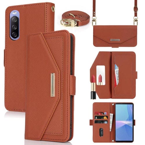 Funda de Cuero con Textura Cruzada y Cordón para Sony Xperia 10 III (Marrón)