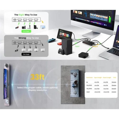 Adaptador Q8-3 Conmutador HDMI 2.1 Ultrafino 3X1 para Consolas de Juegos, PC y TV Box 8K 60Hz