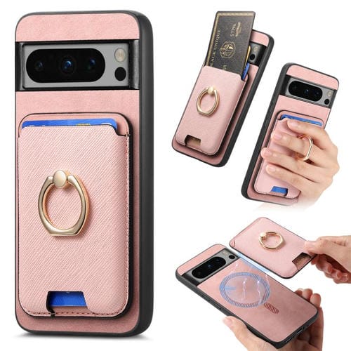 Funda para Google Pixel 8 Pro con Ranuras para Tarjetas y Anillo de Cuero (Rosa)