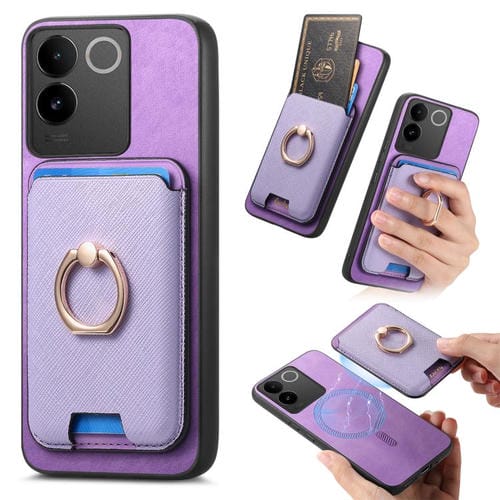 Funda para Vivo Iqoo 11 Pro 5G con Anillo de Cuero Retro Cruzado y Ranuras para Tarjetas, con Inserción Vertical, Magsafe (Morado)