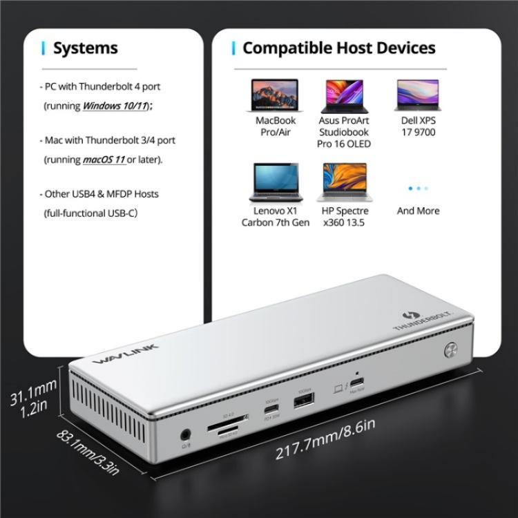 Estación de Acoplamiento Wavlink Utd45 96 W con Carga para Pantallas 8K/4K y Thunderbolt 4 Concentrador 13 en 1 (Enchufe Estadounidense)