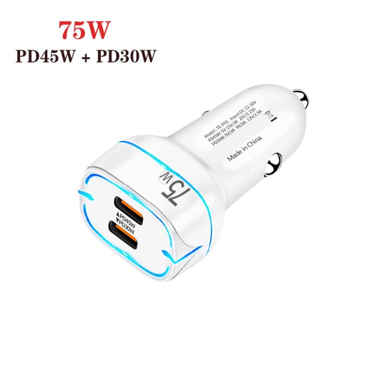 Cargador de coche tipo C de doble puerto P65 PD45W + PD30W para iPhone/iPad (blanco)