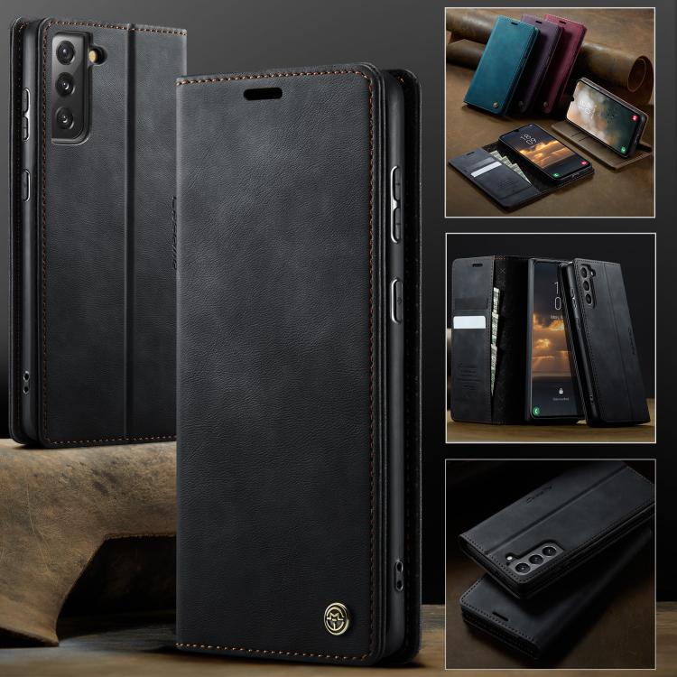 Funda CaseMe 033 para Samsung Galaxy S21 5G, forro de piel de becerro, microfibra, con bloqueo RFID (negra)