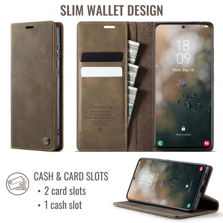 Funda CaseMe 033 para Samsung Galaxy S21 5G, forro de piel de becerro, microfibra, con bloqueo RFID (café)