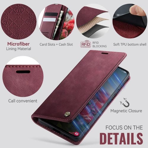 Funda CaseMe 033 para Samsung Galaxy S21 5G, forro de piel de becerro, microfibra, con bloqueo RFID (roja)