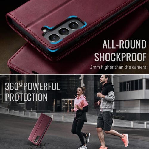 Funda CaseMe 033 para Samsung Galaxy S21 5G, forro de piel de becerro, microfibra, con bloqueo RFID (roja)