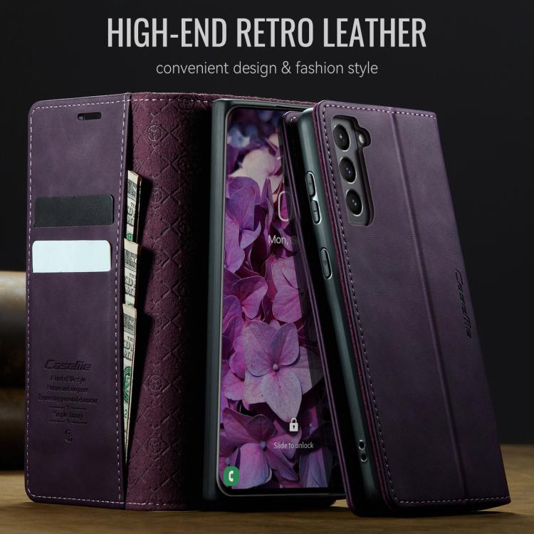 Funda CaseMe 033 para Samsung Galaxy S21 5G, forro de piel de becerro, microfibra, con bloqueo RFID (morado)