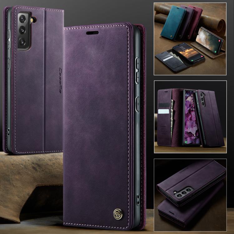 Funda CaseMe 033 para Samsung Galaxy S21 5G, forro de piel de becerro, microfibra, con bloqueo RFID (morado)