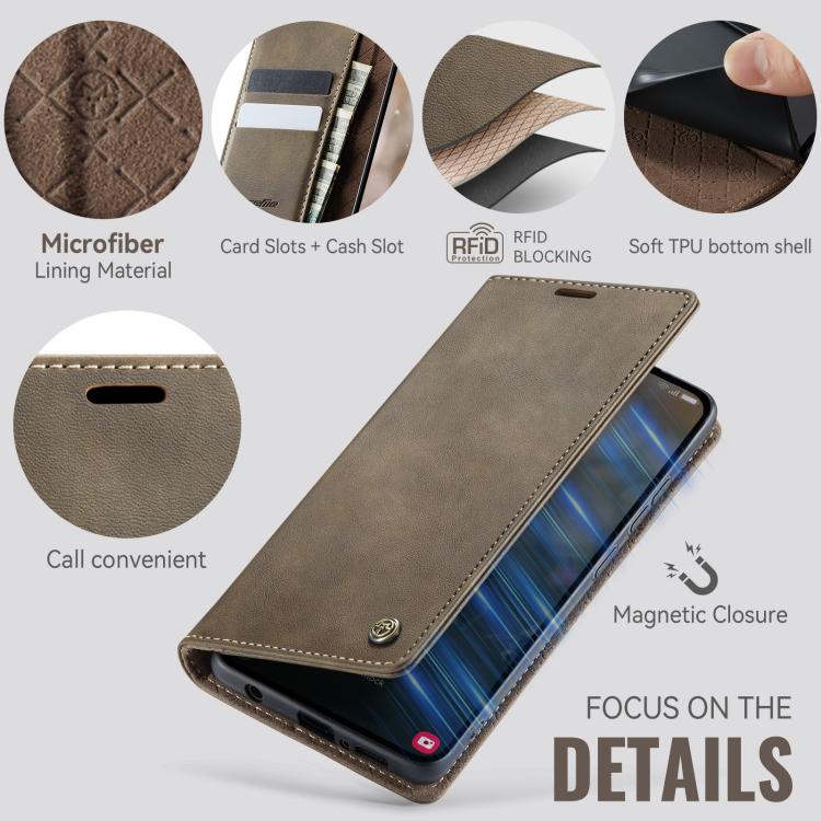Funda para Samsung Galaxy A51 CaseMe 033 con forro de piel de becerro, microfibra y bloqueo RFID (café)